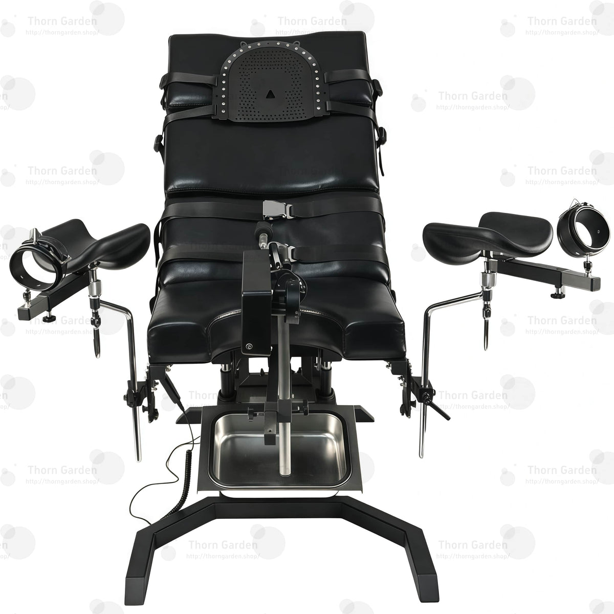 Detail of adjustable stainless steel leg support crutches with leather padding, wrist cuffs, and heavy-duty straps
