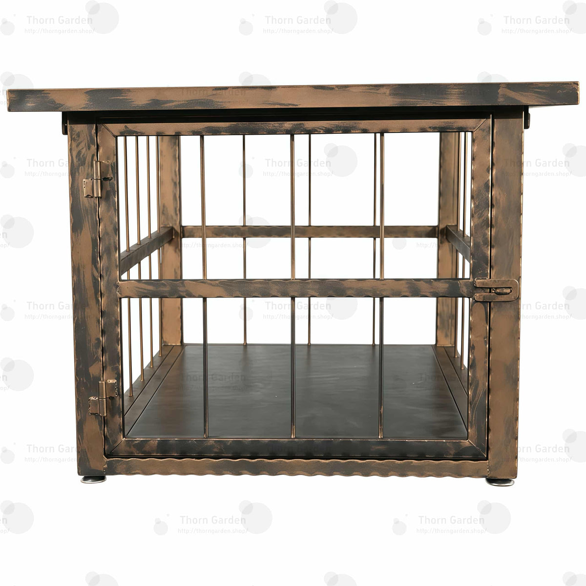 Side profile of vintage coffee table cage TG062 showing hinged door entry and heavy-duty locking latch