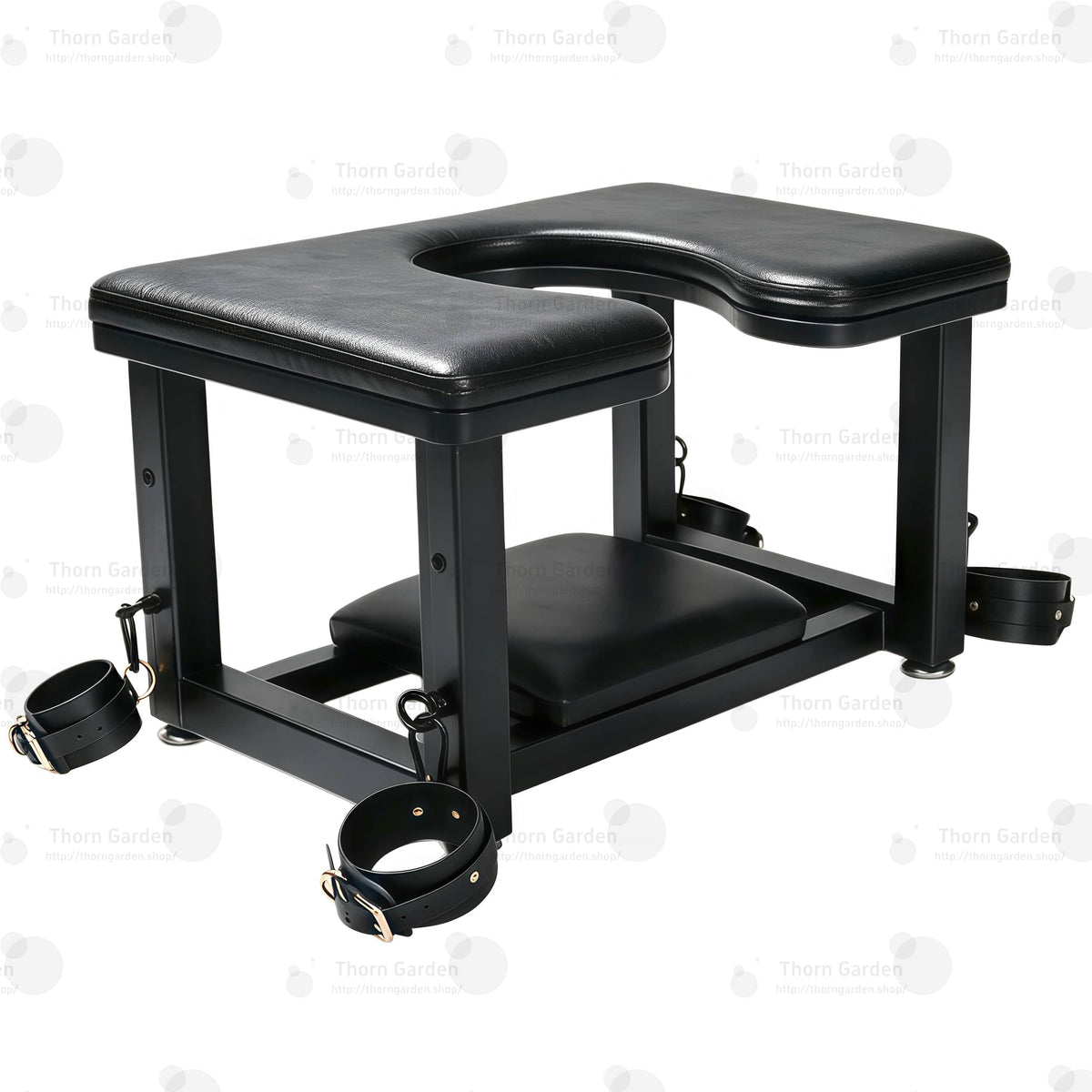 Full front view of premium leather queening chair with U-shaped cutout seat, black steel frame, bottom headrest, and restraint cuffs