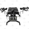 Detail of adjustable stainless steel leg support crutches with leather padding, wrist cuffs, and heavy-duty straps