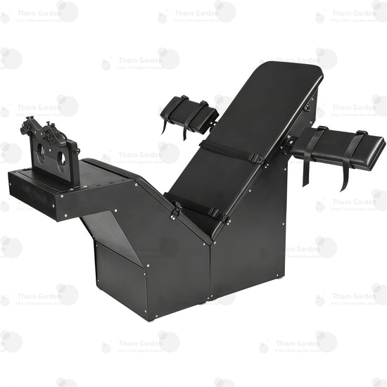Black heavy-duty tickling chair with steel frame and adjustable leather restraint panels
