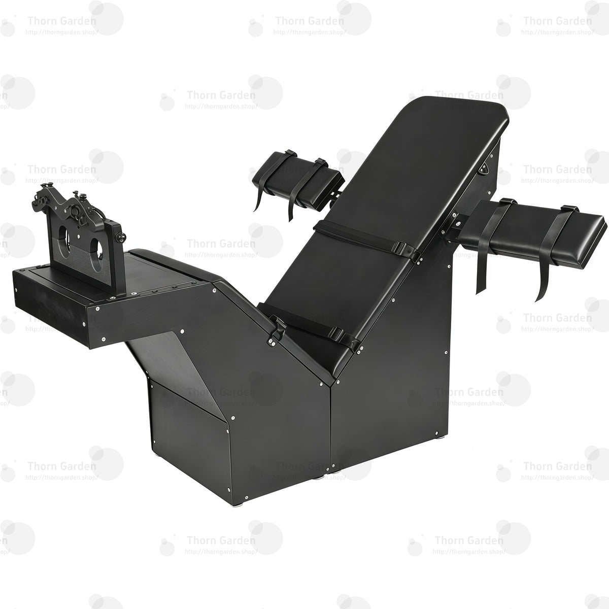 Black heavy-duty tickling chair with steel frame and adjustable leather restraint panels