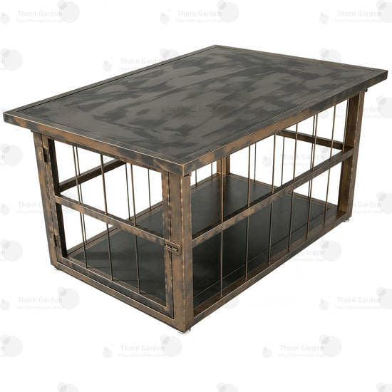 Vintage coffee table bondage cage TG062 with antique bronze steel frame, vertical bars, and black leather-padded interior
