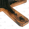 Detail of heavy-duty steel tie-down loops mounted on solid wood base arms