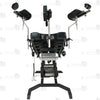 Detail of adjustable stainless steel leg support crutches with leather padding, wrist cuffs, and heavy-duty straps
