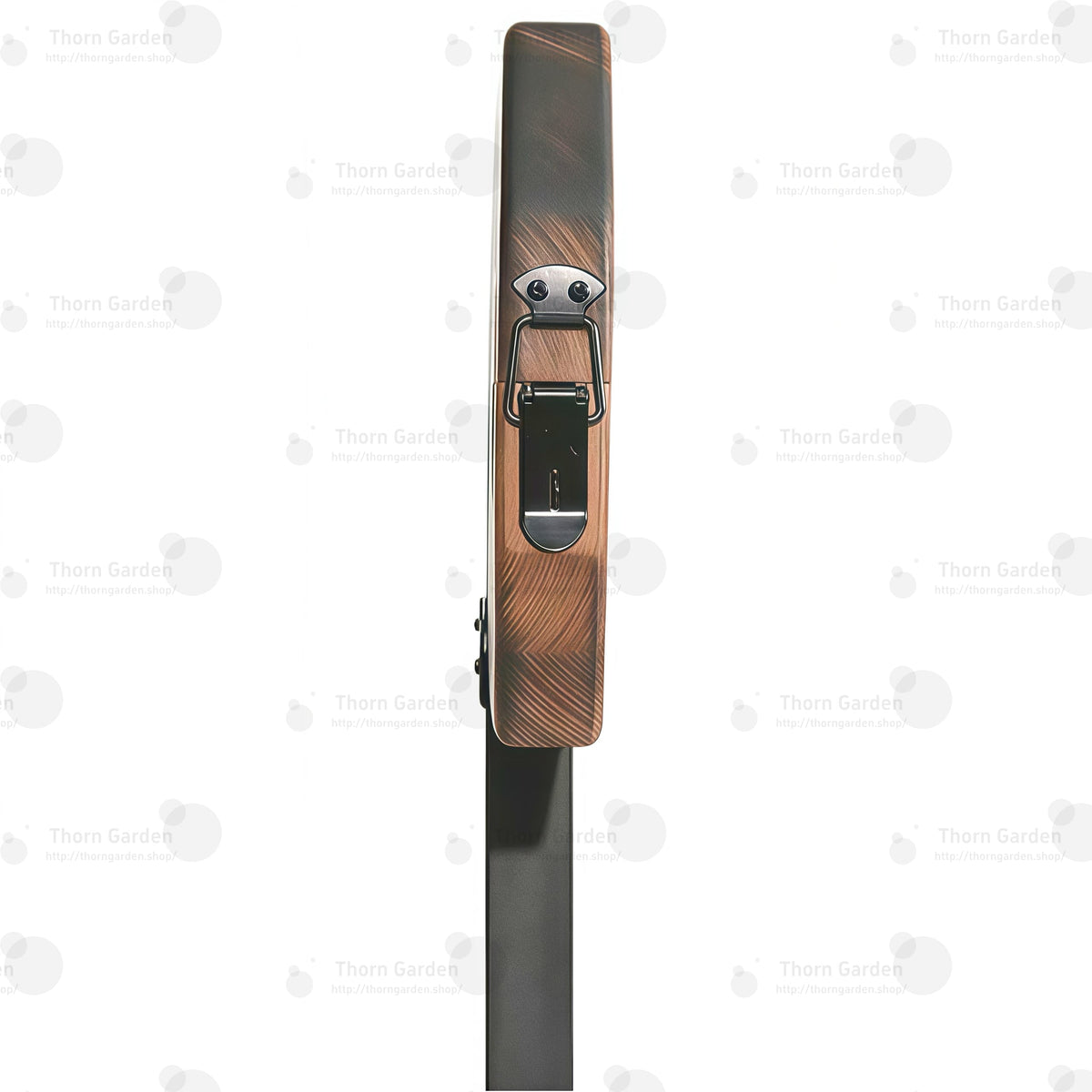 Close-up of burnt-wood finish pillory top with neck and wrist openings and integrated lock
