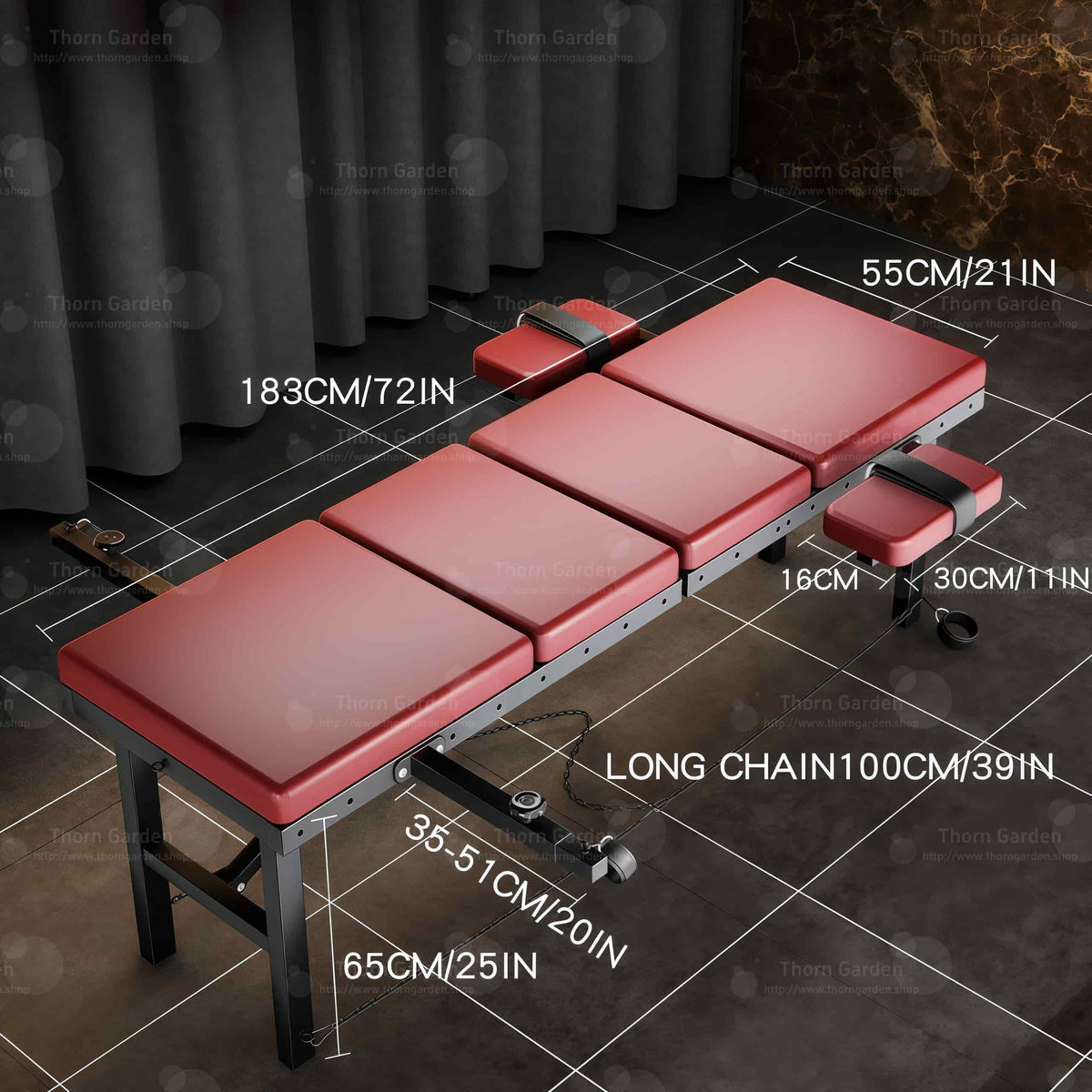 Product dimension diagram of the THORN GARDEN Adjustable BDSM Bondage Bed - TGZDCPLUS highlighting overall length 183 cm (72 in), width 55 cm (21 in), height 65 cm (25 in), arm restraint pad 30 × 16 cm (11 in), leg restraint bar adjustment 35–51 cm (20 in), and long chain 100 cm (39 in)