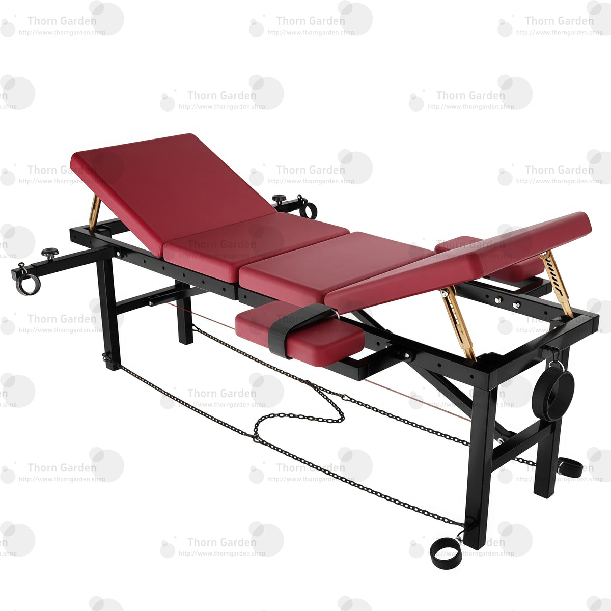 High-angle overview of the THORN GARDEN Adjustable BDSM Bondage Bed - TGZDCPLUS featuring professional-grade black steel frame, burgundy leather padded sections, gold-colored mechanical support rods, and chain restraints