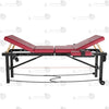 Product display detail view of the THORN GARDEN Adjustable BDSM Bondage Bed - TGZDCPLUS highlighting the professional black steel frame, burgundy leather padded sections, gold-colored mechanical support rods, and base chain restraints