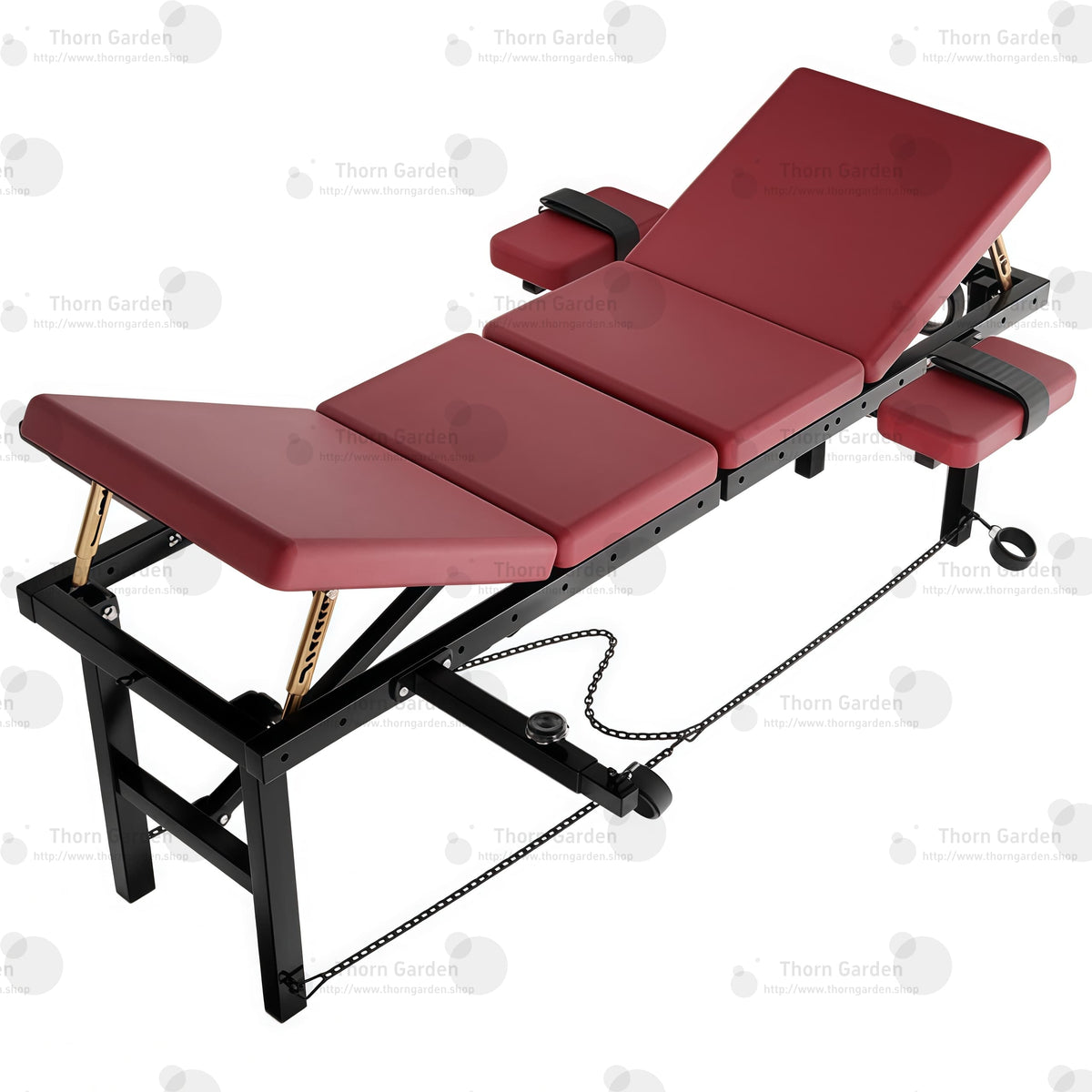 Product view angle detail of the THORN GARDEN Adjustable BDSM Bondage Bed - TGZDCPLUS highlighting the professional black steel frame, burgundy leather padded bed sections, gold-colored mechanical support struts, and lower base restraint chains