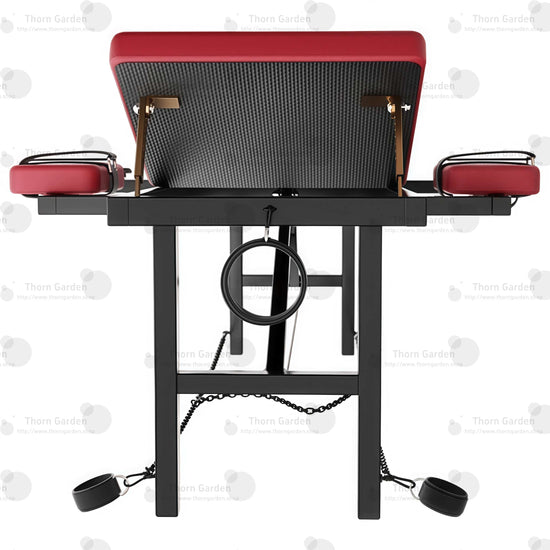 Product view angle detail of the THORN GARDEN Adjustable BDSM Bondage Bed - TGZDCPLUS highlighting the professional black steel frame, burgundy leather padded bed sections, gold-colored mechanical support struts, and lower base restraint chains   