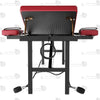 Product view angle detail of the THORN GARDEN Adjustable BDSM Bondage Bed - TGZDCPLUS highlighting the professional black steel frame, burgundy leather padded bed sections, gold-colored mechanical support struts, and lower base restraint chains   