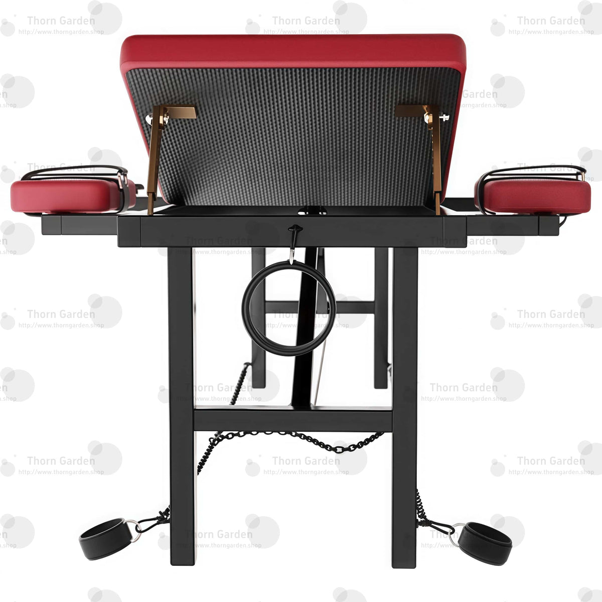 Product view angle detail of the THORN GARDEN Adjustable BDSM Bondage Bed - TGZDCPLUS highlighting the professional black steel frame, burgundy leather padded bed sections, gold-colored mechanical support struts, and lower base restraint chains   