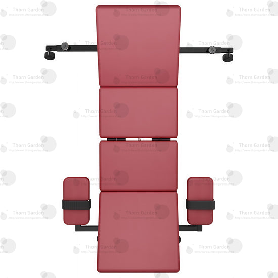 Top-down layout overview of the THORN GARDEN Adjustable BDSM Bondage Bed - TGZDCPLUS highlighting the full-length burgundy leather padded bed sections, professional black steel frame, side arm support pads, and metal restraint chains