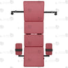 Top-down layout overview of the THORN GARDEN Adjustable BDSM Bondage Bed - TGZDCPLUS highlighting the full-length burgundy leather padded bed sections, professional black steel frame, side arm support pads, and metal restraint chains