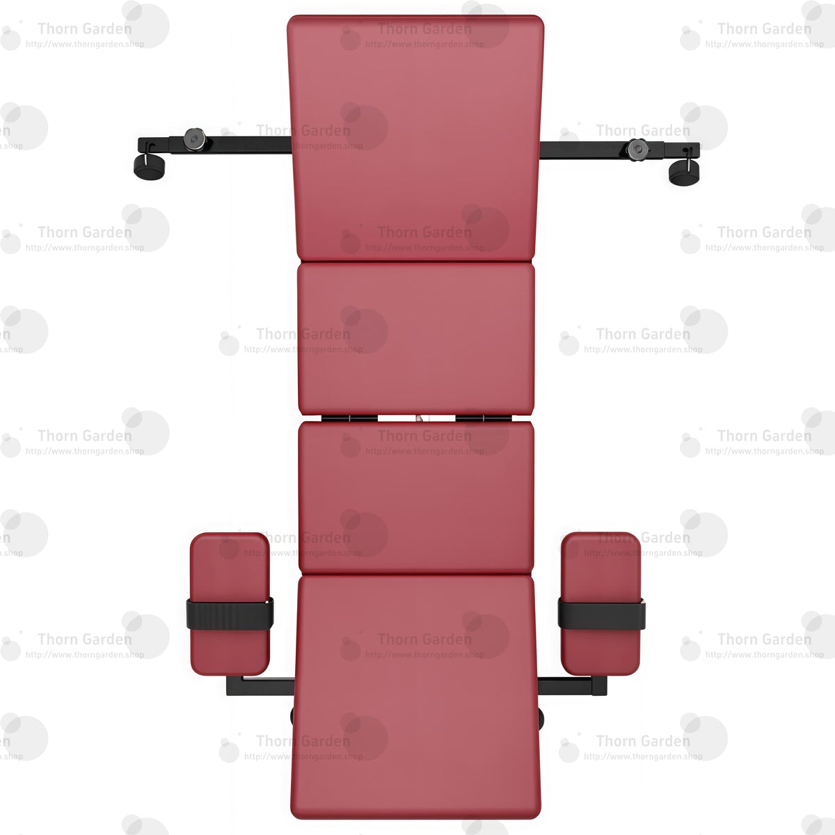 Top-down layout overview of the THORN GARDEN Adjustable BDSM Bondage Bed - TGZDCPLUS highlighting the full-length burgundy leather padded bed sections, professional black steel frame, side arm support pads, and metal restraint chains