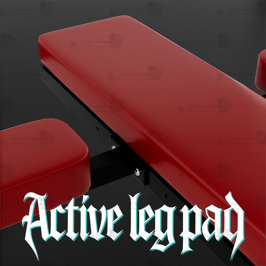 Product detail view of the THORN GARDEN Adjustable BDSM Bondage Chair - TGYWZ highlighting the heavy-duty black steel frame, striking red leather upholstery, and active leg pad accessory with bold text overlay across the bottom reading Active leg pad