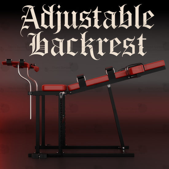 Promotional render of the THORN GARDEN Adjustable BDSM Bondage Chair - TGYWZ highlighting the heavy-duty black steel frame, striking red leather upholstery, and bold text overlay across the top reading Adjustable Backrest