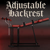 Promotional render of the THORN GARDEN Adjustable BDSM Bondage Chair - TGYWZ highlighting the heavy-duty black steel frame, striking red leather upholstery, and bold text overlay across the top reading Adjustable Backrest