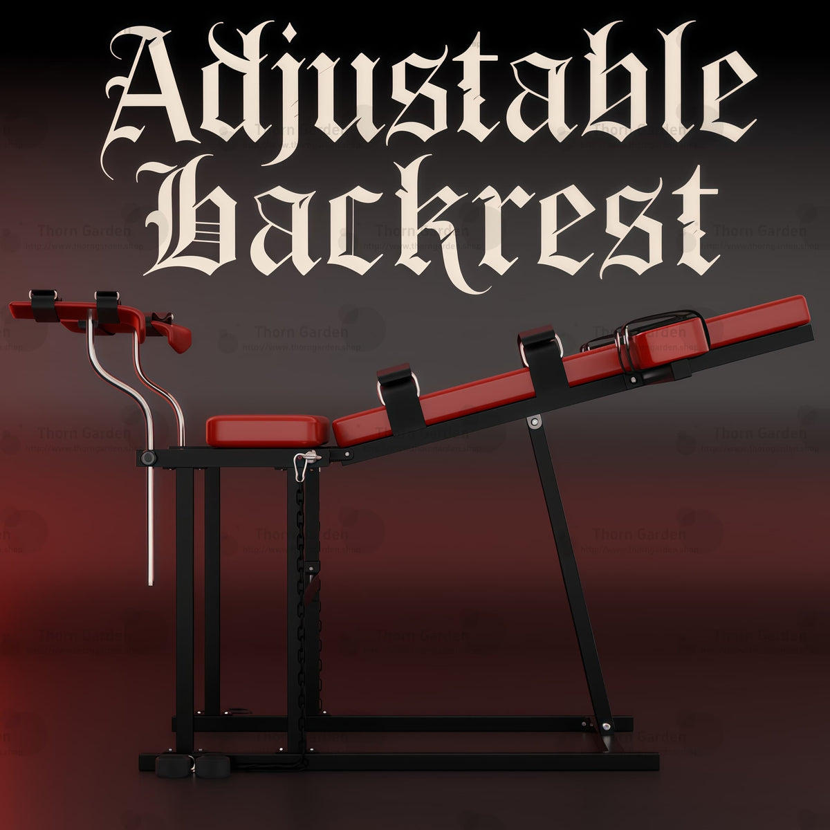 Promotional render of the THORN GARDEN Adjustable BDSM Bondage Chair - TGYWZ highlighting the heavy-duty black steel frame, striking red leather upholstery, and bold text overlay across the top reading Adjustable Backrest