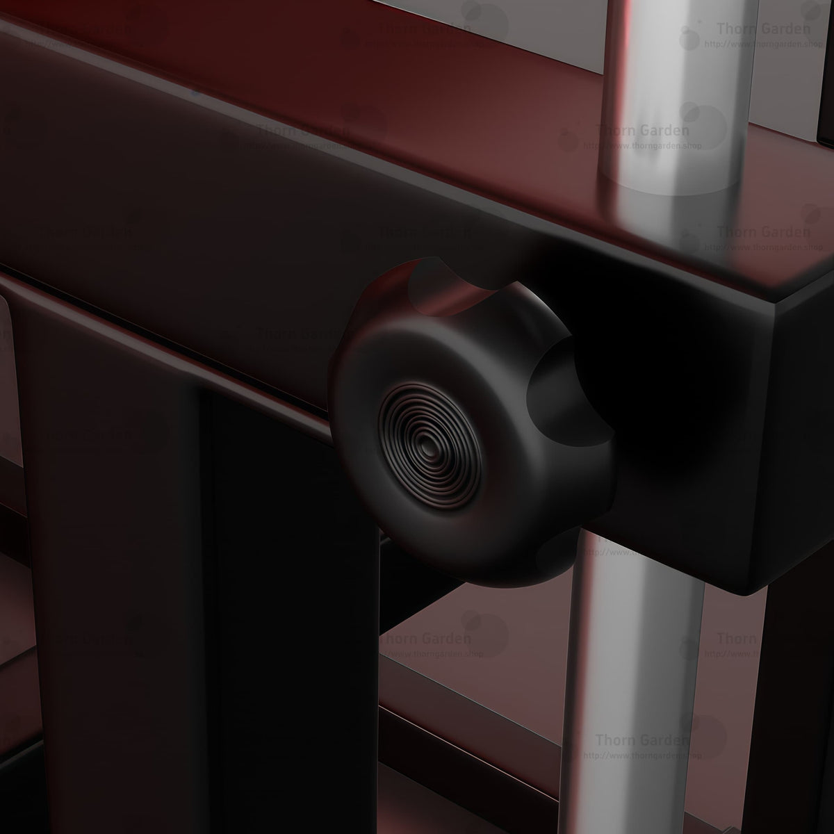 Product detail view of the THORN GARDEN Adjustable BDSM Bondage Chair - TGYWZ highlighting the heavy-duty black steel frame, striking red leather upholstery, and adjustable mechanical knob component