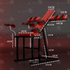 Product dimension diagram of the THORN GARDEN Adjustable BDSM Bondage Chair - TGYWZ highlighting measurements including footprint, seat height, backrest dimensions, stirrup range, and structural layout