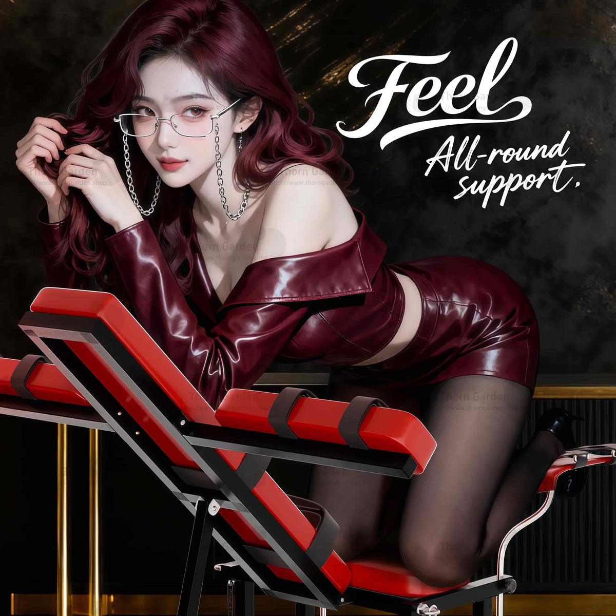 Promotional render of the THORN GARDEN Adjustable BDSM Bondage Chair - TGYWZ featuring heavy-duty black steel frame, striking red leather upholstery, and bold text overlay across the top reading Feel All-round support