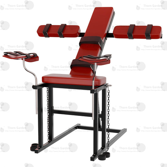 Front angle view of the THORN GARDEN Adjustable BDSM Bondage Chair - TGYWZ featuring heavy-duty black steel frame, striking red leather upholstery, multi-point restraint system, adjustable 180° backrest, and height-adjustable stirrups