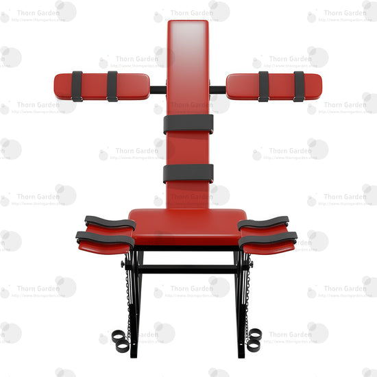 Front straight view of the THORN GARDEN Adjustable BDSM Bondage Chair - TGYWZ featuring heavy-duty black steel frame, striking red leather upholstery, multi-point restraint system, adjustable backrest, and height-adjustable stirrups