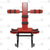 Front straight view of the THORN GARDEN Adjustable BDSM Bondage Chair - TGYWZ featuring heavy-duty black steel frame, striking red leather upholstery, multi-point restraint system, adjustable backrest, and height-adjustable stirrups