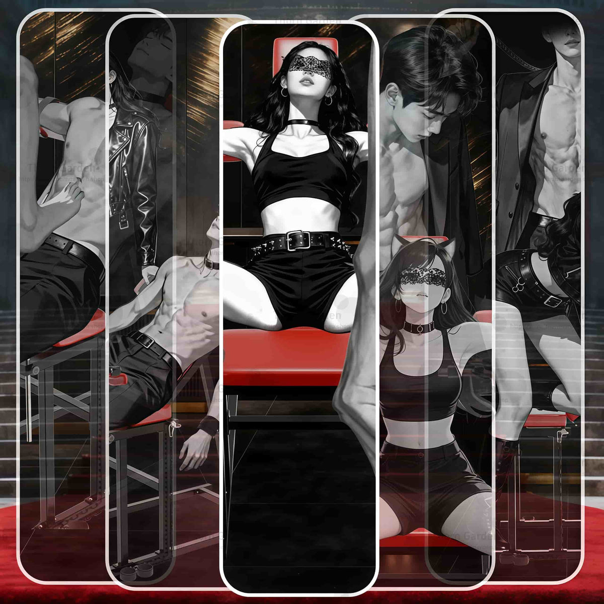 Promotional multi-scene render of the THORN GARDEN Adjustable BDSM Bondage Chair - TGYWZ highlighting the heavy-duty black steel frame, striking red leather upholstery, multi-point restraint system, and diverse usage scenarios in a vertical multi-panel layout