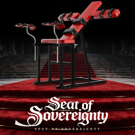 Promotional render of the THORN GARDEN Adjustable BDSM Bondage Chair - TGYWZ highlighting the heavy-duty black steel frame, striking red leather upholstery, and bold text overlay across the bottom reading Seat of Sovereignty