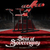 Promotional render of the THORN GARDEN Adjustable BDSM Bondage Chair - TGYWZ highlighting the heavy-duty black steel frame, striking red leather upholstery, and bold text overlay across the bottom reading Seat of Sovereignty