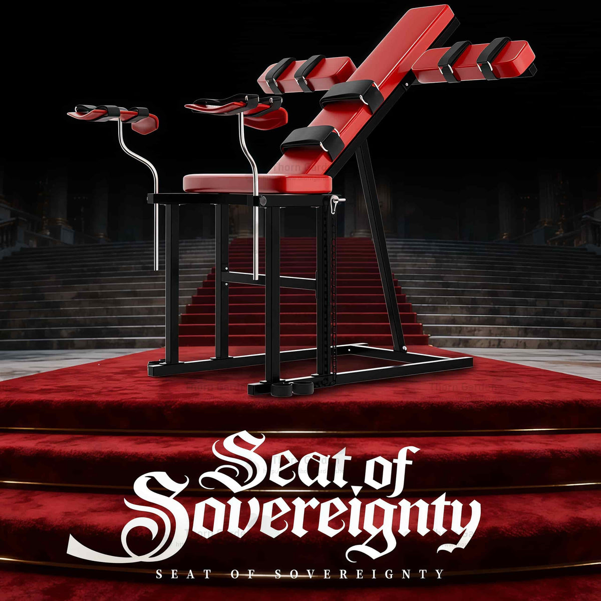 Promotional render of the THORN GARDEN Adjustable BDSM Bondage Chair - TGYWZ highlighting the heavy-duty black steel frame, striking red leather upholstery, and bold text overlay across the bottom reading Seat of Sovereignty