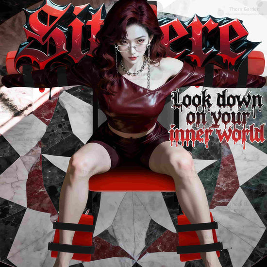Promotional render of the THORN GARDEN Adjustable BDSM Bondage Chair - TGYWZ featuring heavy-duty black steel frame, striking red leather upholstery, and bold text overlay at the top reading Sit here and across the middle reading Look down on your inner world