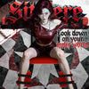 Promotional render of the THORN GARDEN Adjustable BDSM Bondage Chair - TGYWZ featuring heavy-duty black steel frame, striking red leather upholstery, and bold text overlay at the top reading Sit here and across the middle reading Look down on your inner world