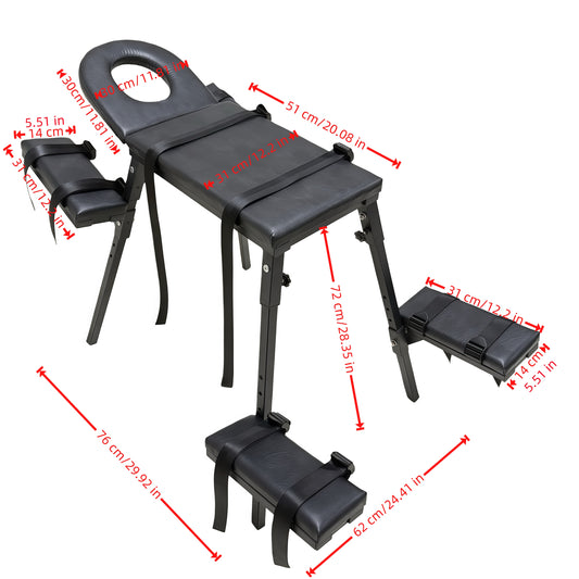 THORN GARDEN Professional Adjustable Spanking Bench TG025 -mallin yksityiskohtainen mitta- ja tuotetietokaavio, jossa näkyvät pehmusteen mitat ja korkeudensäätöalueet