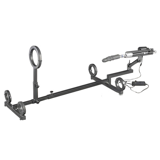 Full-angle product view of the Bondage Stockade Customized Model showcasing the heavy-duty wooden base, ankle and wrist restraint mounts, and multi-functional positioning arm