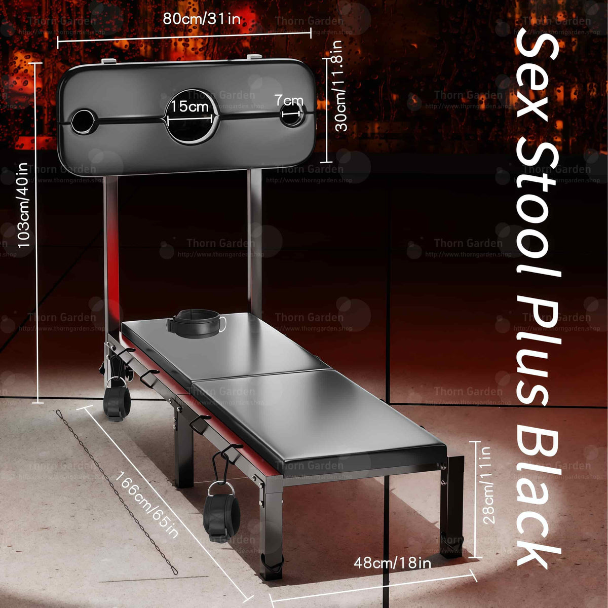 Product dimension diagram of the THORN GARDEN Folding BDSM Bondage Bench - TGXADPLUS highlighting overall length 166 cm (65 in), width 48 cm (18 in), height 103 cm (40 in), bench surface height 28 cm (11 in), and pillory board 80 × 30 cm (31 × 12 in)