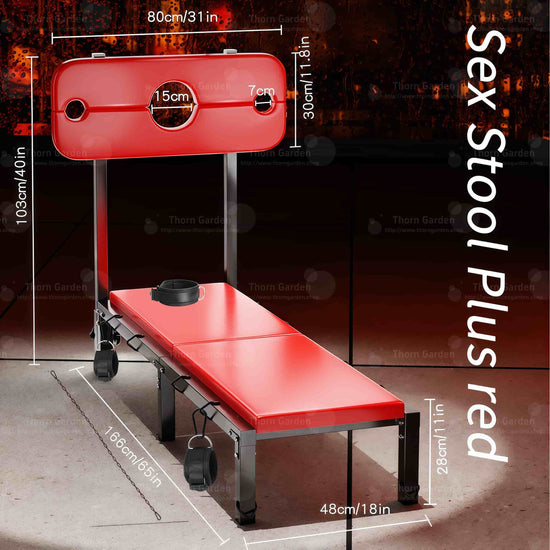 Product dimension diagram of the THORN GARDEN Folding BDSM Bondage Bench - TGXADPLUS highlighting overall length 166 cm (65 in), width 48 cm (18 in), height 103 cm (40 in), bench surface height 28 cm (11 in), and pillory board 80 × 30 cm (31 × 12 in)   