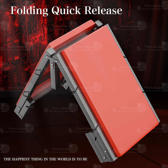 Folding and quick-release feature view of the THORN GARDEN Folding BDSM Bondage Bench - TGXADPLUS highlighting the compact folding mechanism, red leather padded bench, and black steel frame