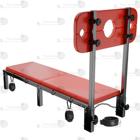 Height-adjustable knob mechanism detail view of the THORN GARDEN Folding BDSM Bondage Bench - TGXADPLUS highlighting the knob-adjusted upright board and height adjustable features