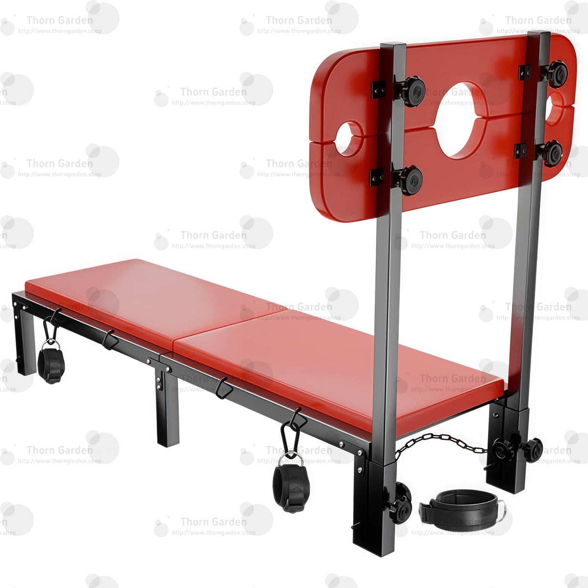 Height-adjustable knob mechanism detail view of the THORN GARDEN Folding BDSM Bondage Bench - TGXADPLUS highlighting the knob-adjusted upright board and height adjustable features