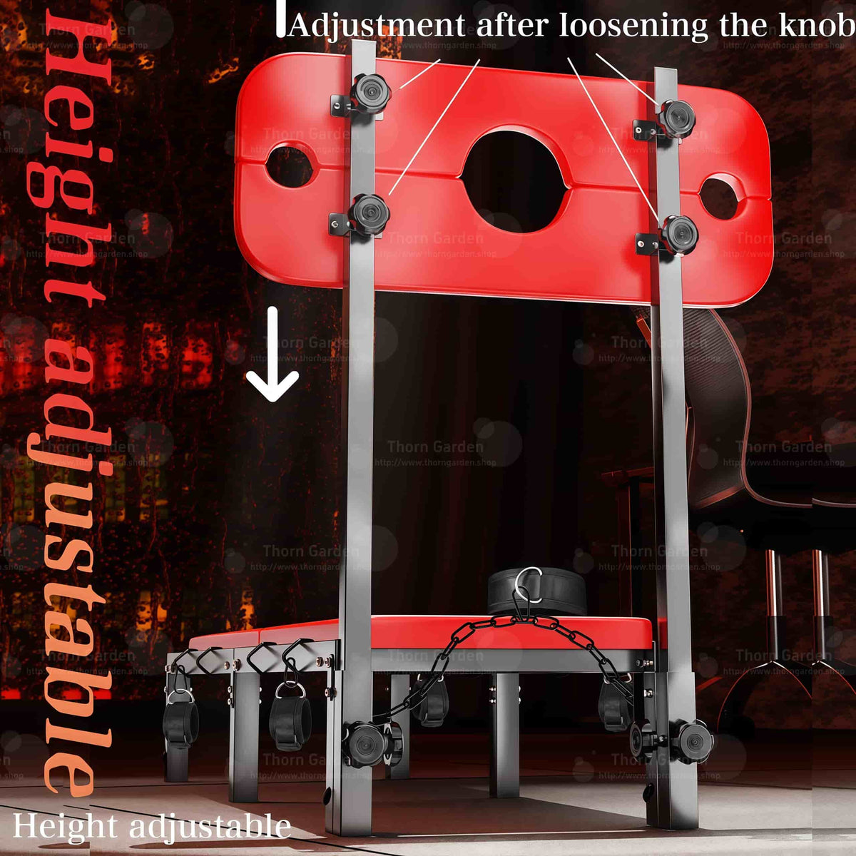 Height-adjustable knob mechanism detail view of the THORN GARDEN Folding BDSM Bondage Bench - TGXADPLUS highlighting the knob-adjusted upright board and height adjustable features