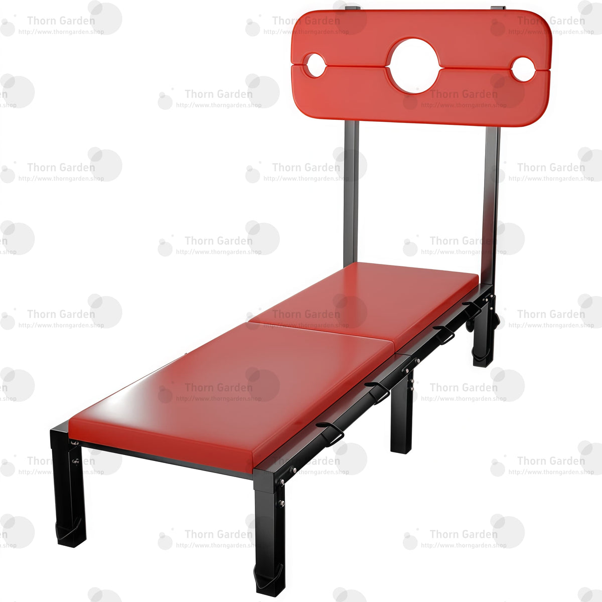 High-angle overview of the THORN GARDEN Folding BDSM Bondage Bench - TGXADPLUS featuring professional-grade black-coated steel frame, red leather padded bench, and height-adjustable neck-and-wrist pillory board
