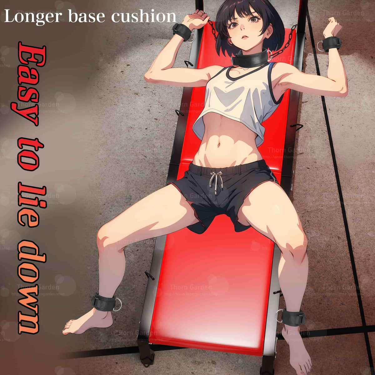 Promotional detail graphic of the THORN GARDEN Folding BDSM Bondage Bench - TGXADPLUS highlighting the longer base cushion feature for comfortable lying positions with a model in place