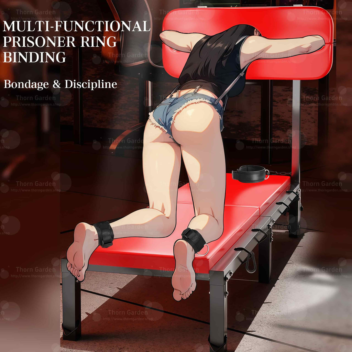 Multi-functional prisoner ring binding and discipline detail view of the THORN GARDEN Folding BDSM Bondage Bench - TGXADPLUS showcasing the red leather padded bench, black steel frame, and restraint setup with a model