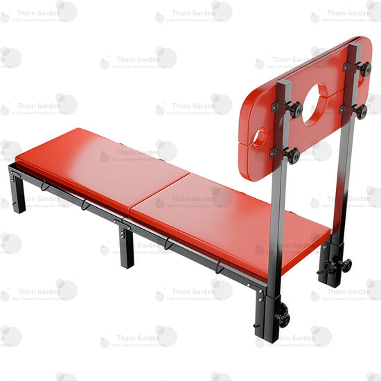 High-angle overall overview of the THORN GARDEN Folding BDSM Bondage Bench - TGXADPLUS highlighting the complete black-coated steel frame, red leather padded bench, and height-adjustable pillory board structure
