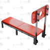 High-angle overall overview of the THORN GARDEN Folding BDSM Bondage Bench - TGXADPLUS highlighting the complete black-coated steel frame, red leather padded bench, and height-adjustable pillory board structure