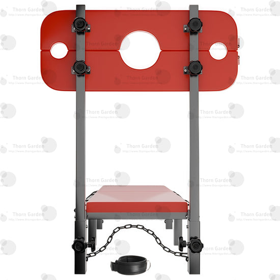 Upright pillory board detail view of the THORN GARDEN Folding BDSM Bondage Bench - TGXADPLUS highlighting the height-adjustable neck and wrist openings, fixing knobs, and black steel frame structure